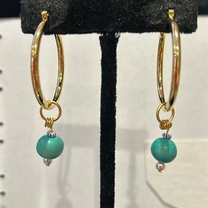 1.25” Gold Filled Hoops with Turquoise Bead Charm Earrings-Boutique